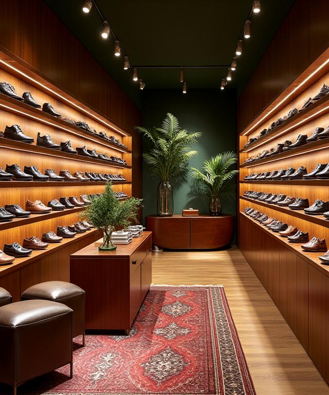 Interior elegante de la boutique de zapatos en Sevilla, mostrando la meticulosa disposición de los calzados de lujo.