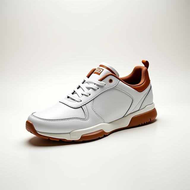 Zapatilla deportiva de lujo en piel blanca y detalles marrones, fusionando confort y elegancia.