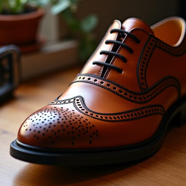 Zapato Derby de piel grabada en tono coñac, mostrando el detalle del punteado inglés.